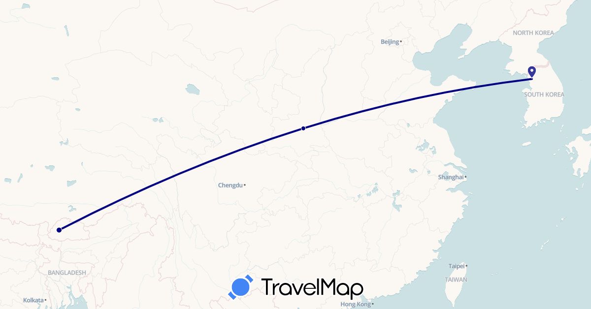 TravelMap itinerary: driving in Bhutan, China, South Korea (Asia)
